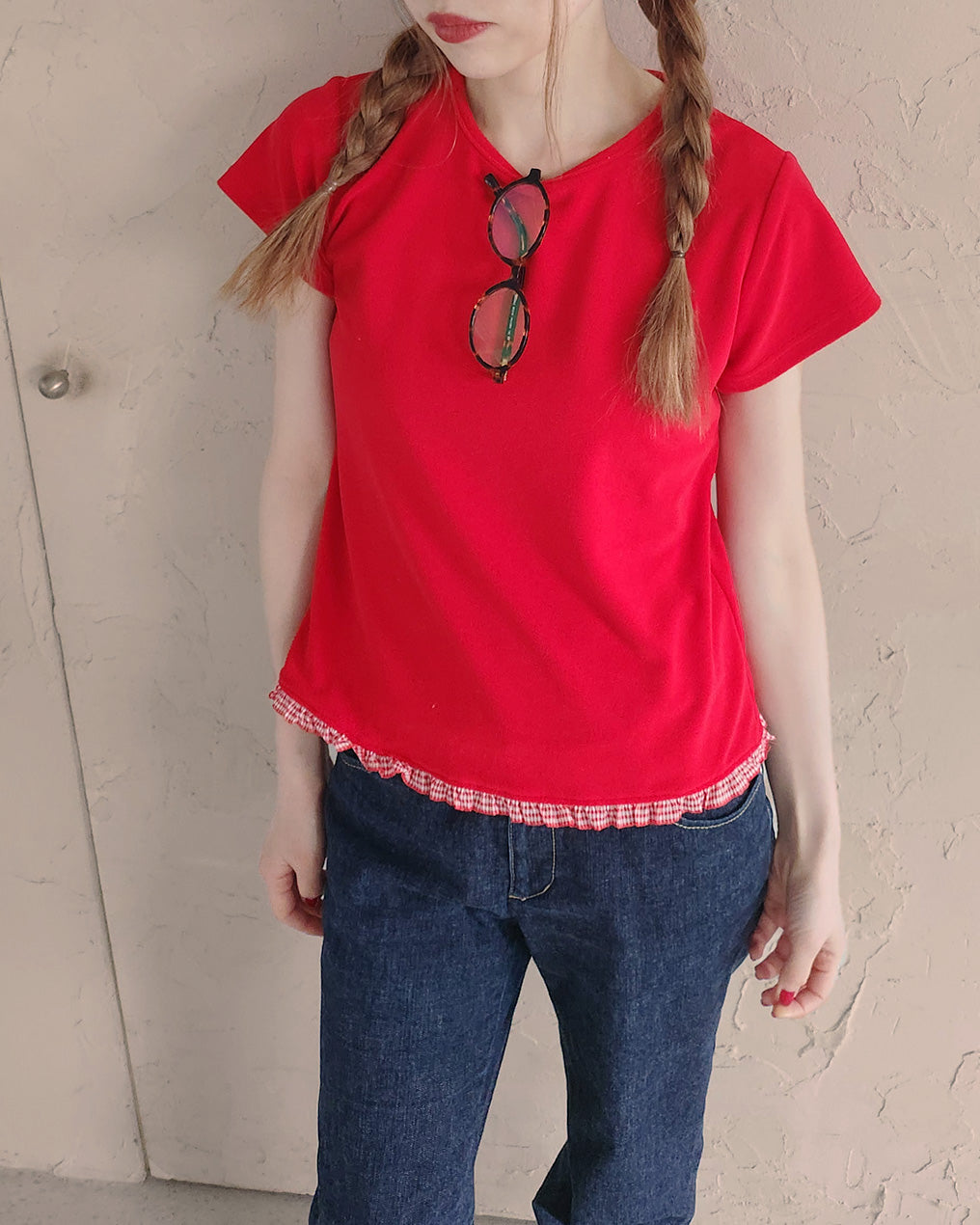 hem gingham check pile fabric T