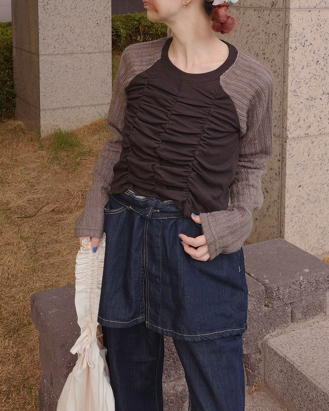 raglan knit sleeves shirring T