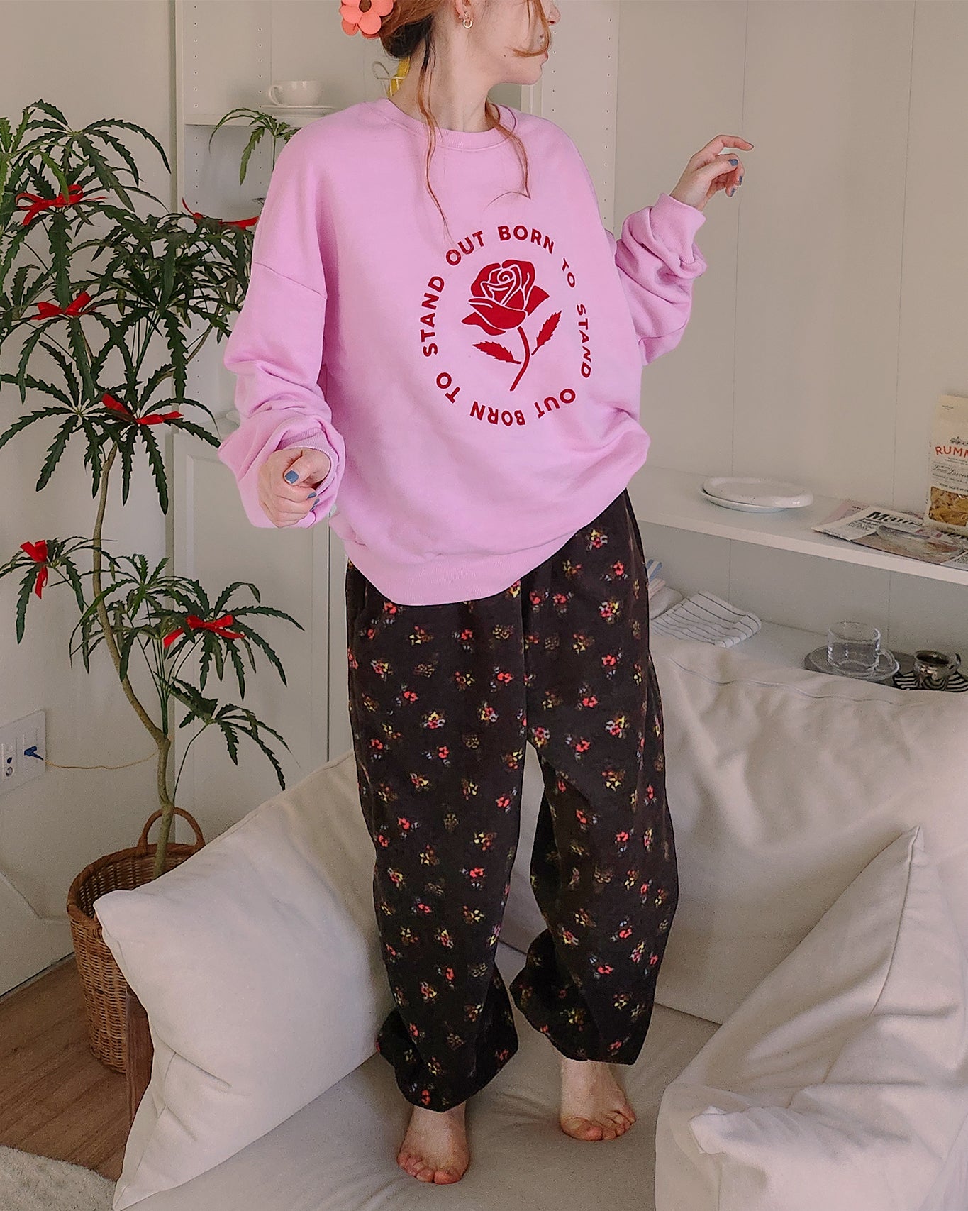 flower pattern fleece jogger pants