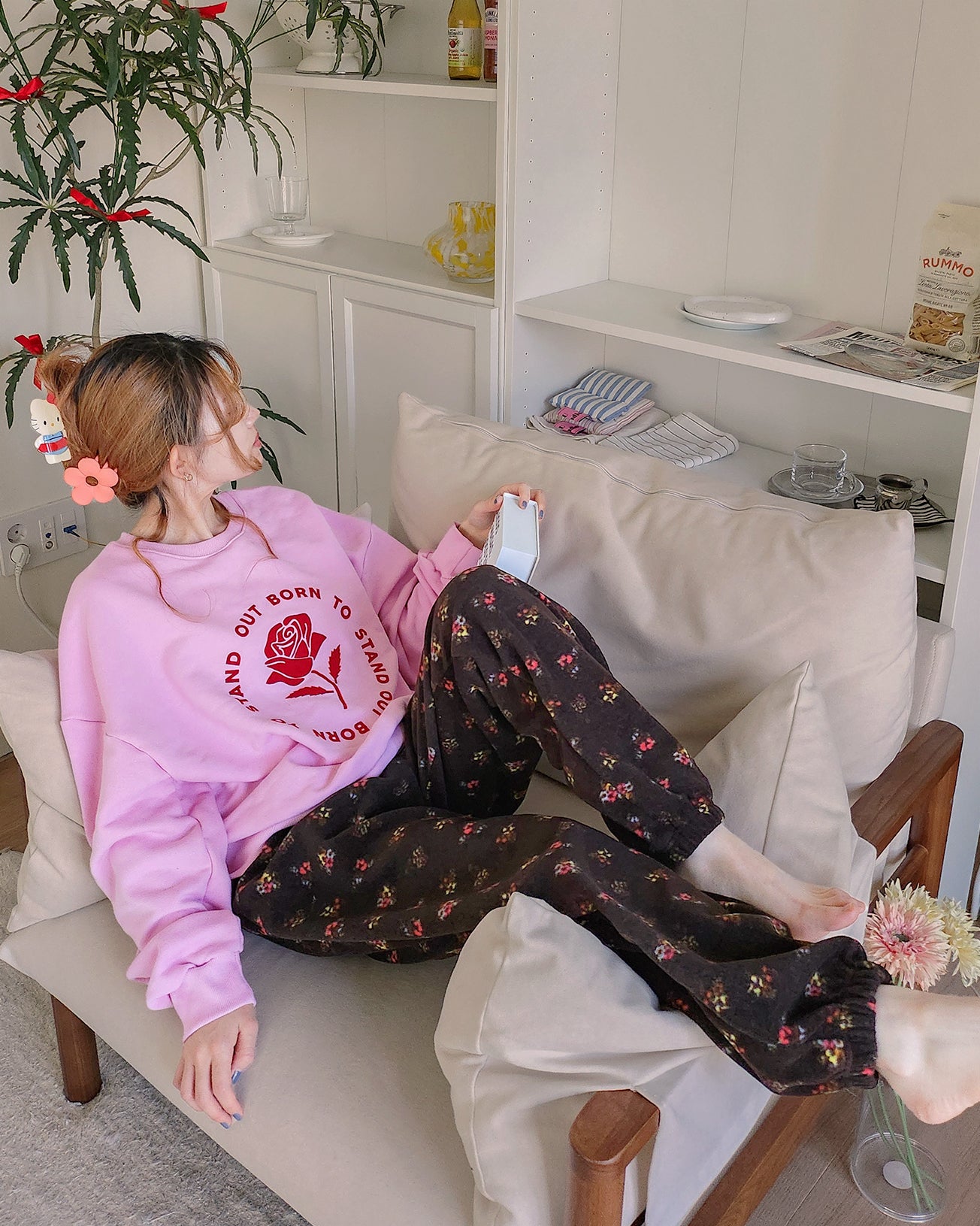 flower pattern fleece jogger pants