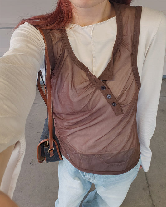 henry neck sheer sleeve less top