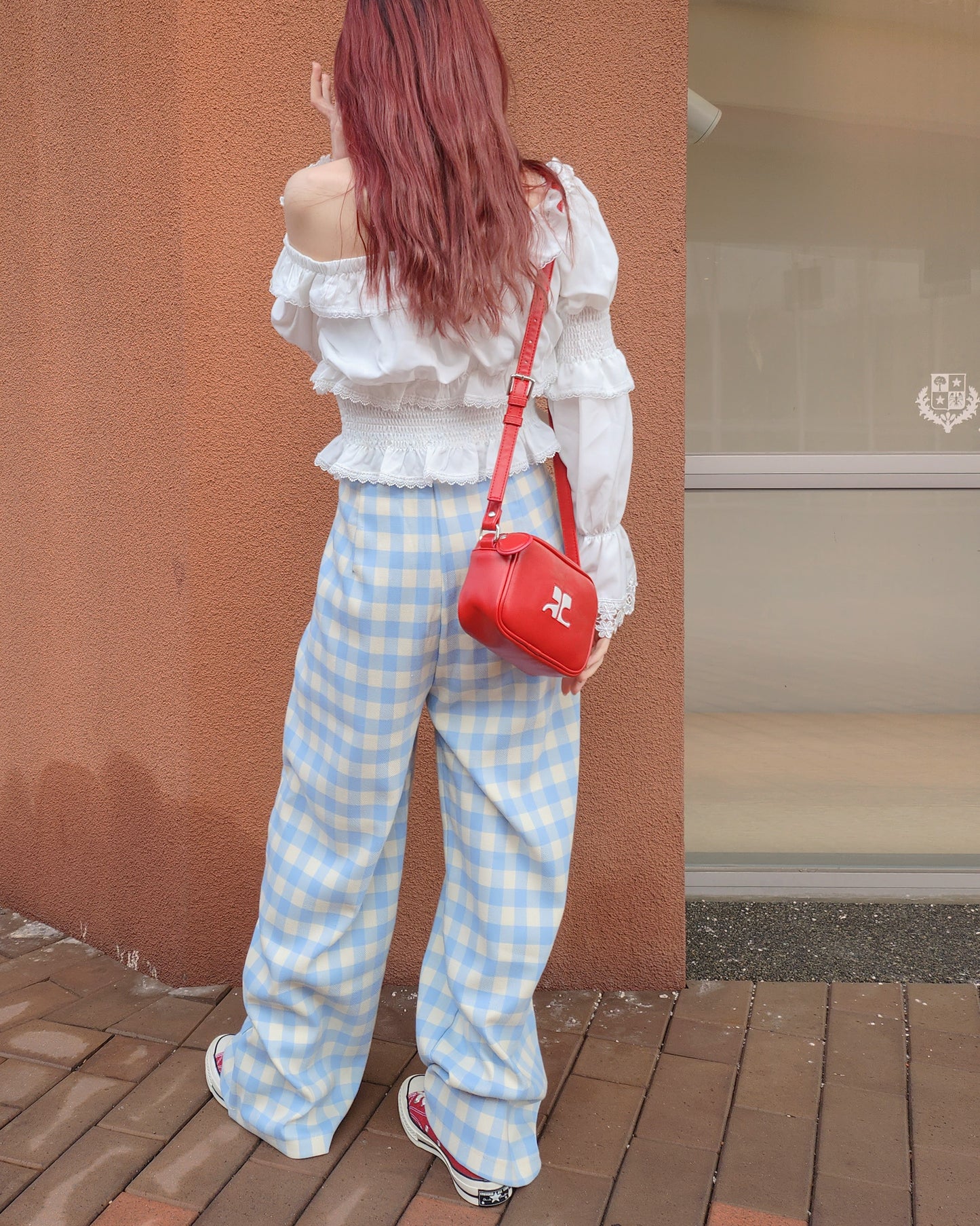 gingham check waist tuck wide pants