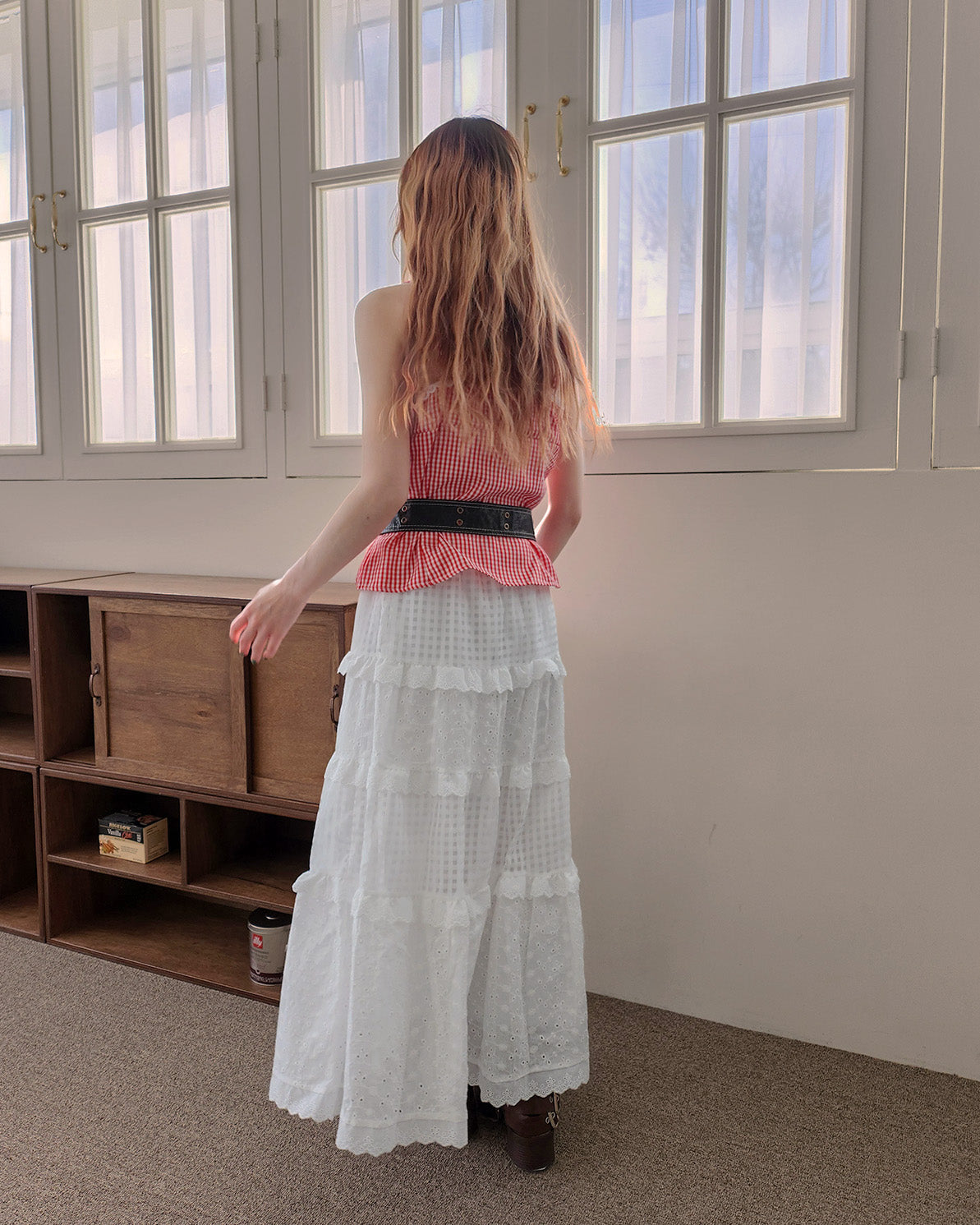 gingham check lace point camisole blouse