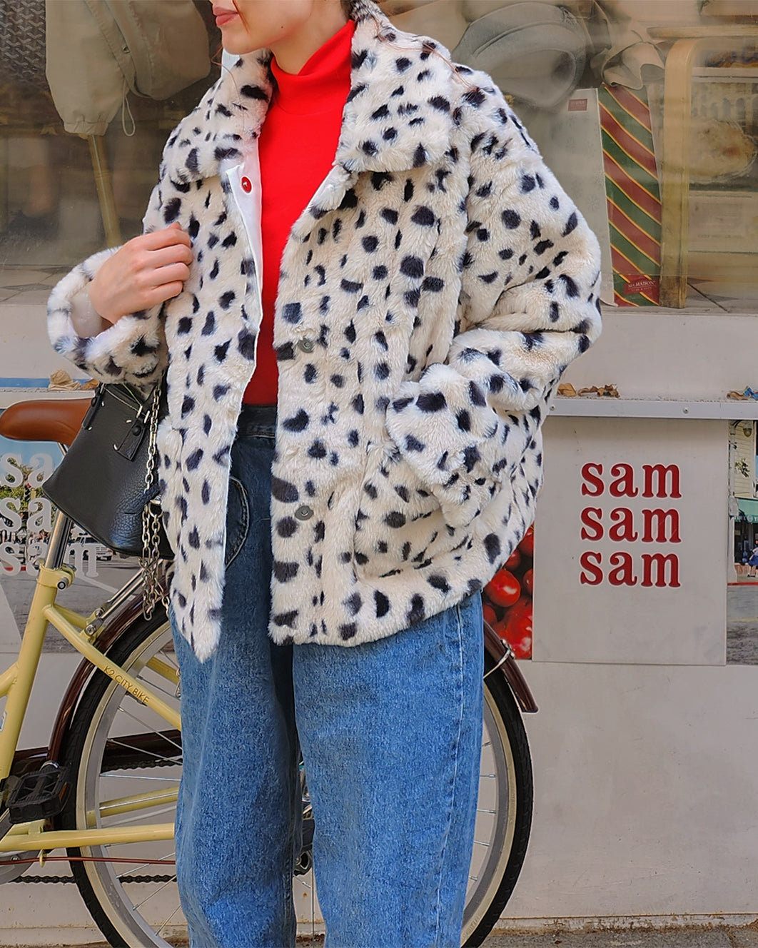 dalmatian pattern collar fur jacket