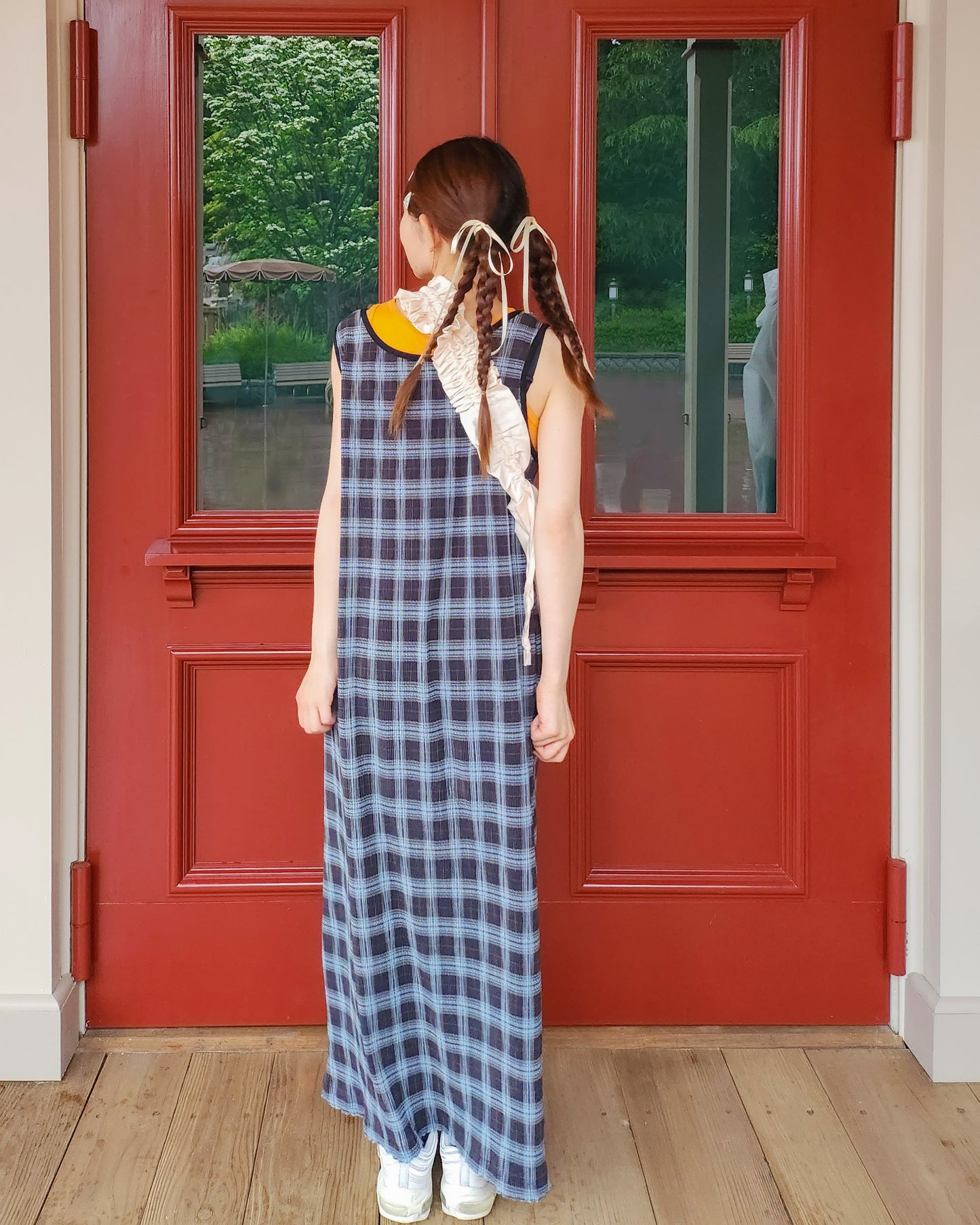check sleeve less long dress