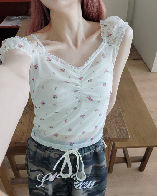 flower sheer puff blouse