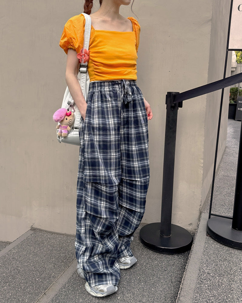 check draped wide pants