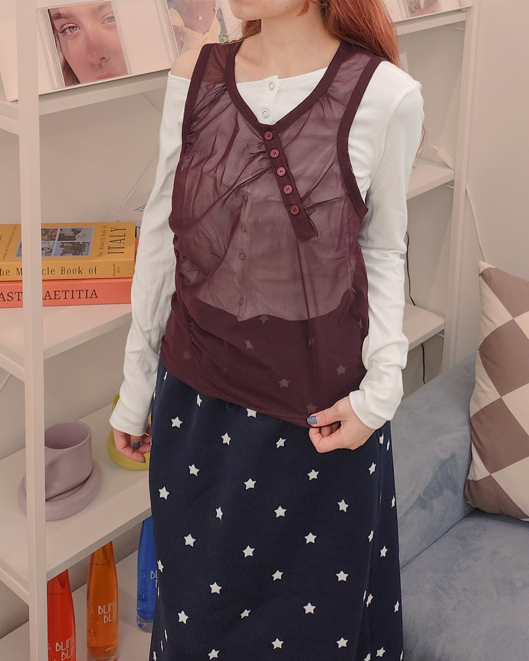 henry neck sheer sleeve less top