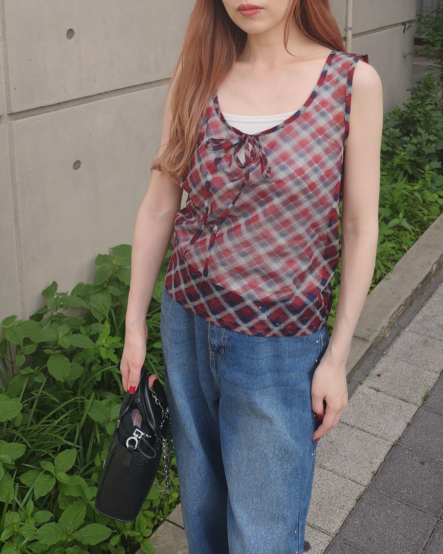 sheer check sleeve less top