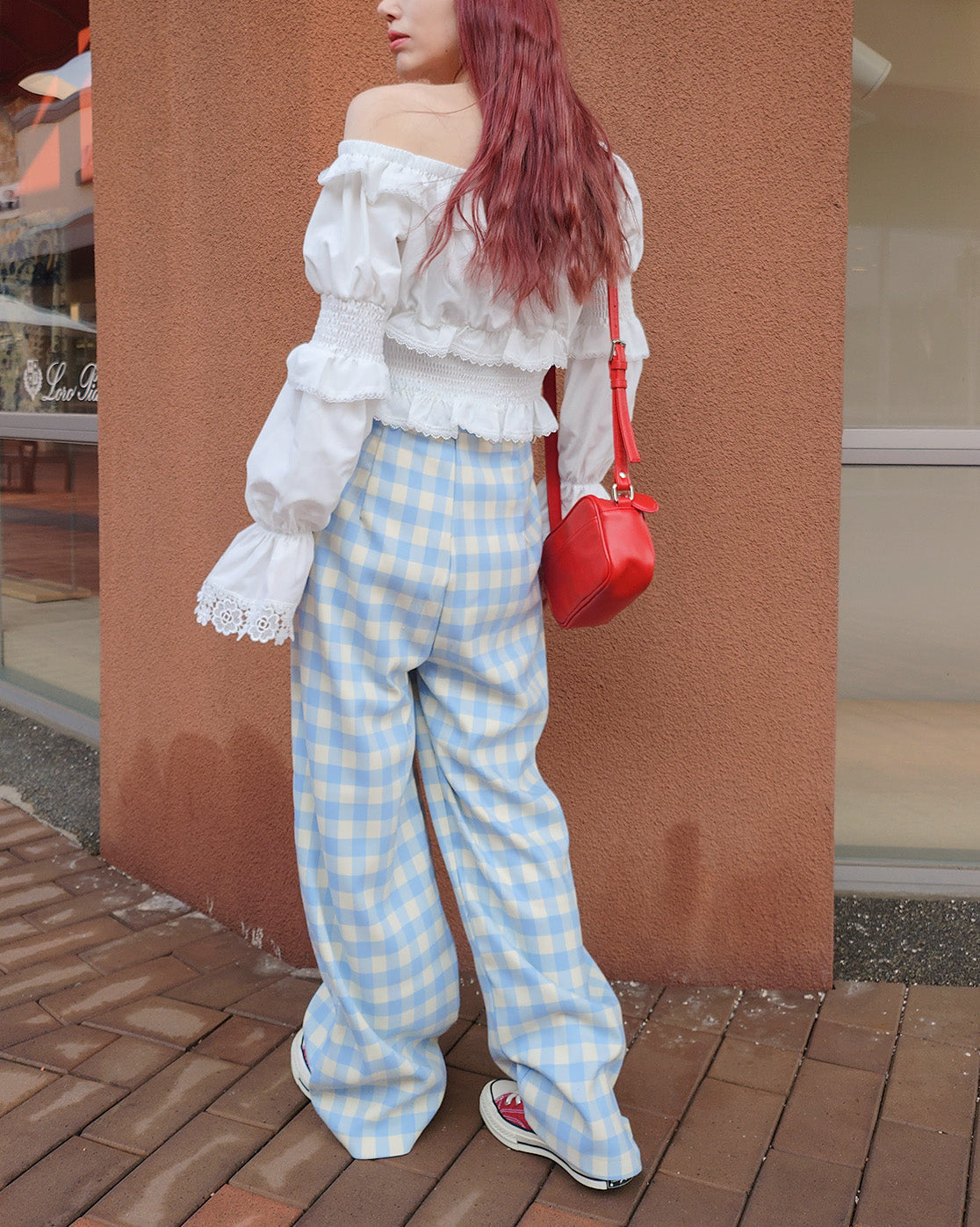 gingham check waist tuck wide pants