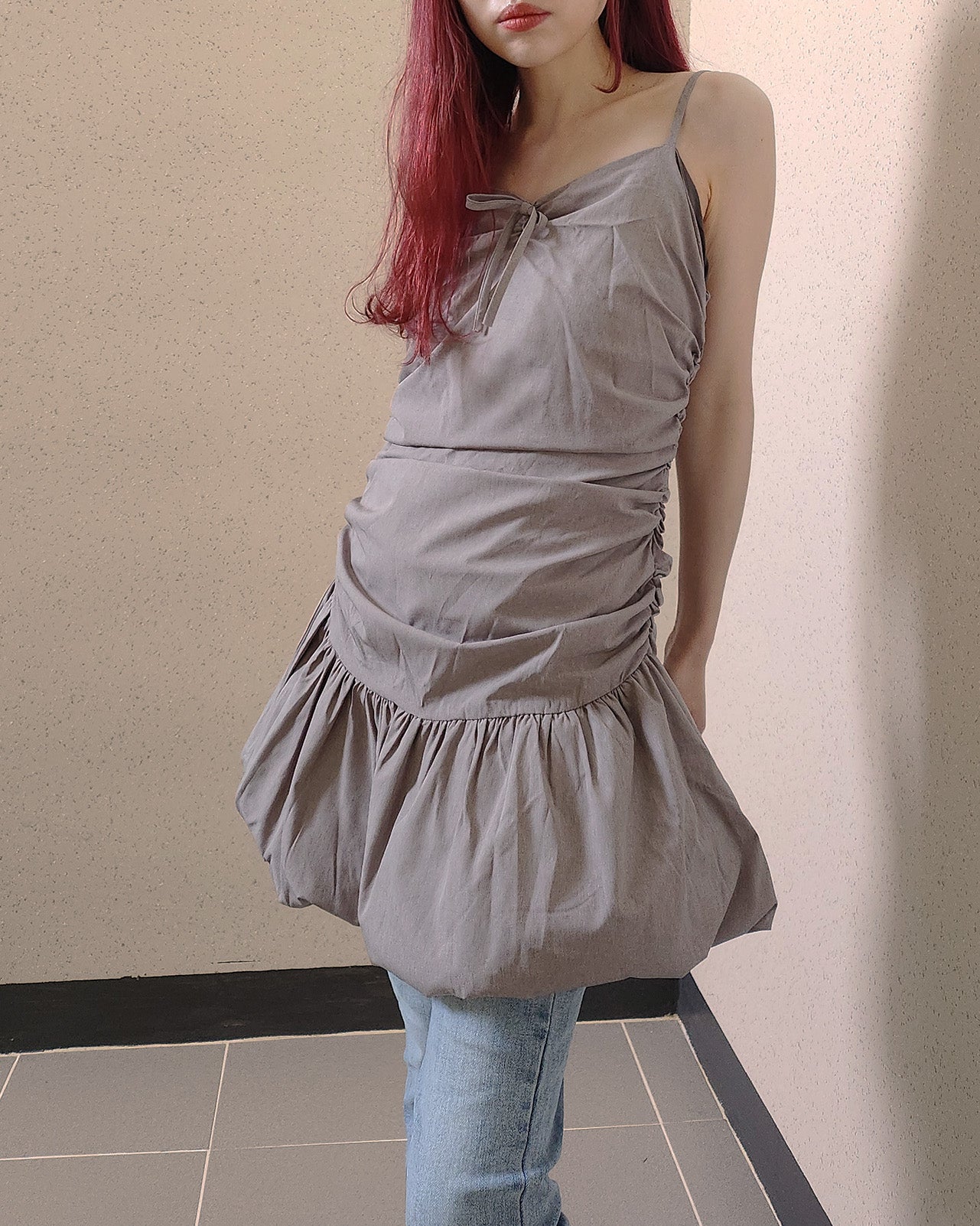 shirring balloon mini dress