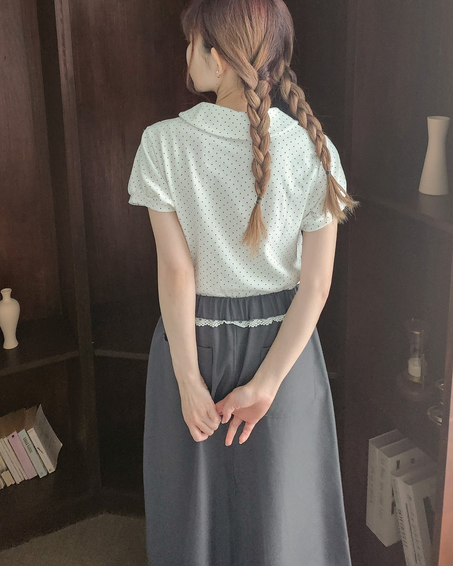 dot puff sleeve collar T