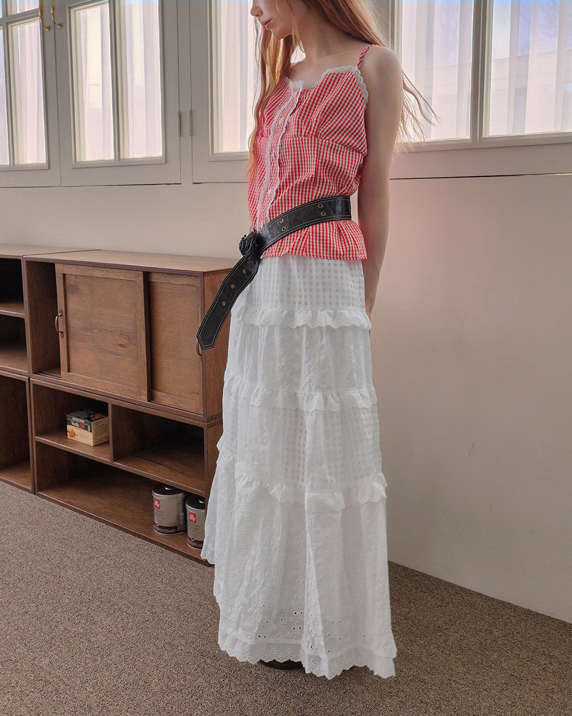 gingham check lace point camisole blouse