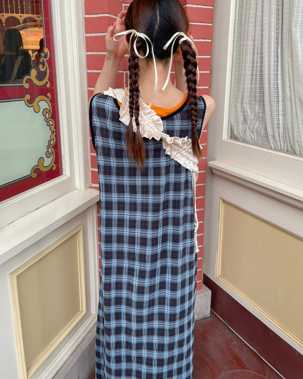 check sleeve less long dress