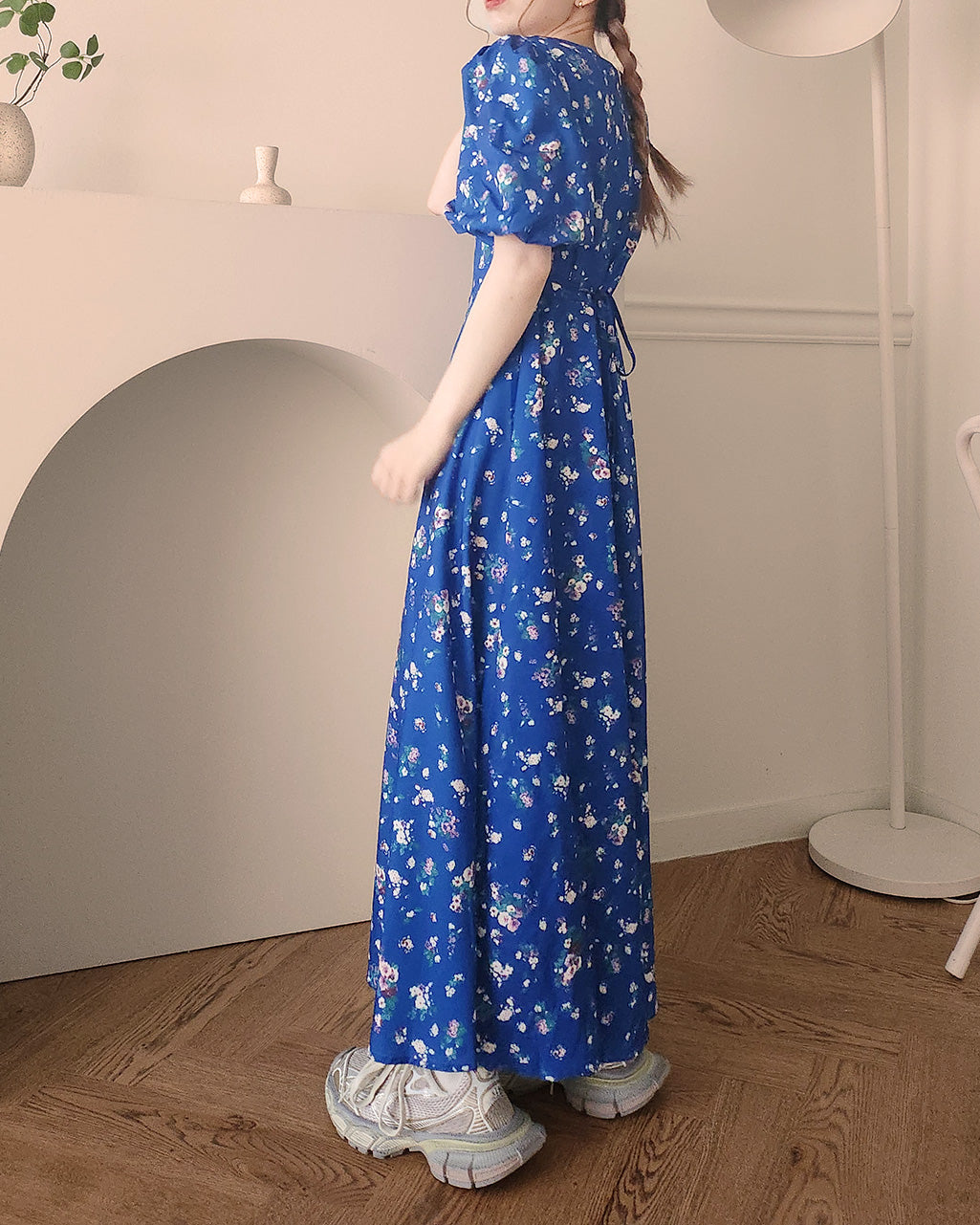 flower puff sleeve long dress