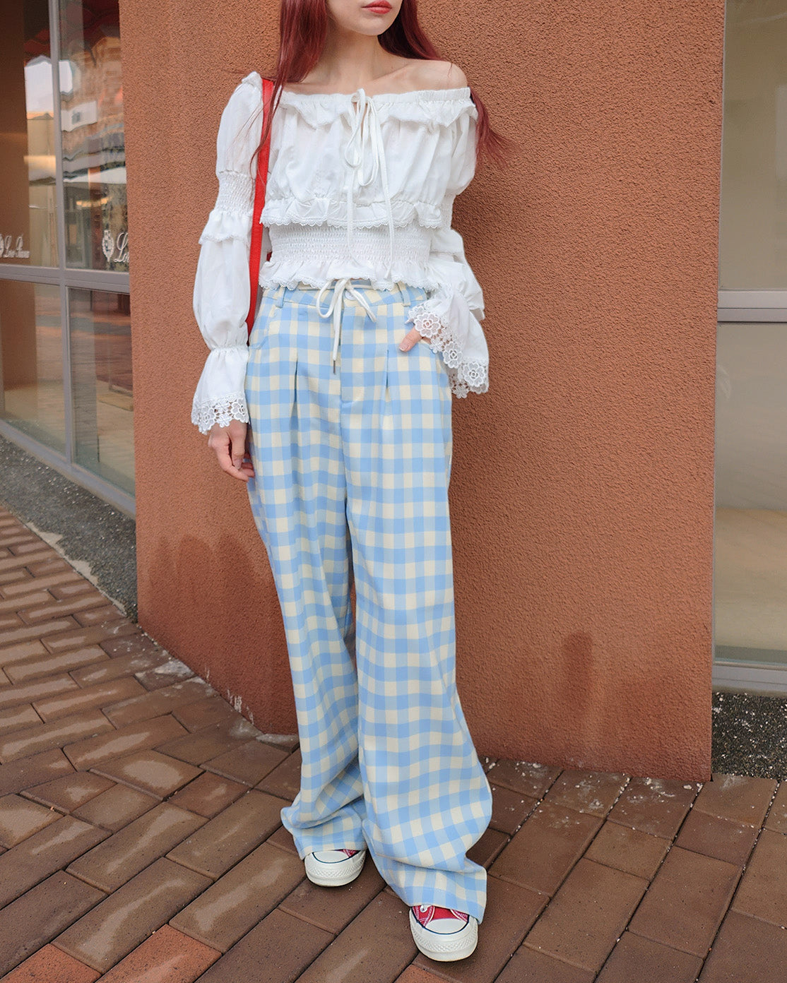 gingham check waist tuck wide pants