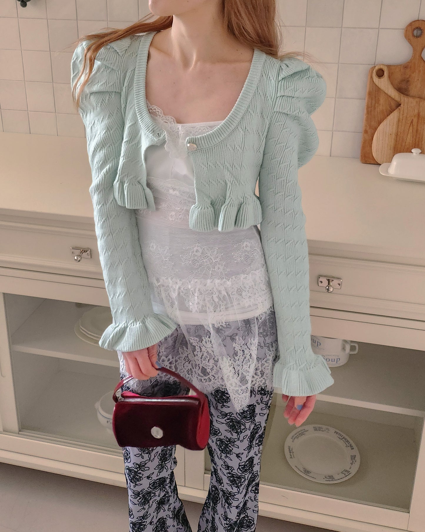 short puff sleeve frill knit cardigan