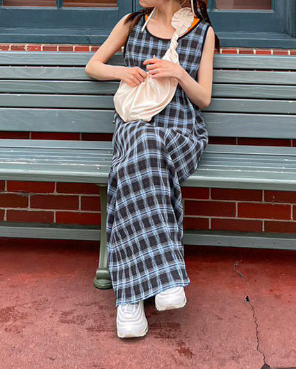 check sleeve less long dress