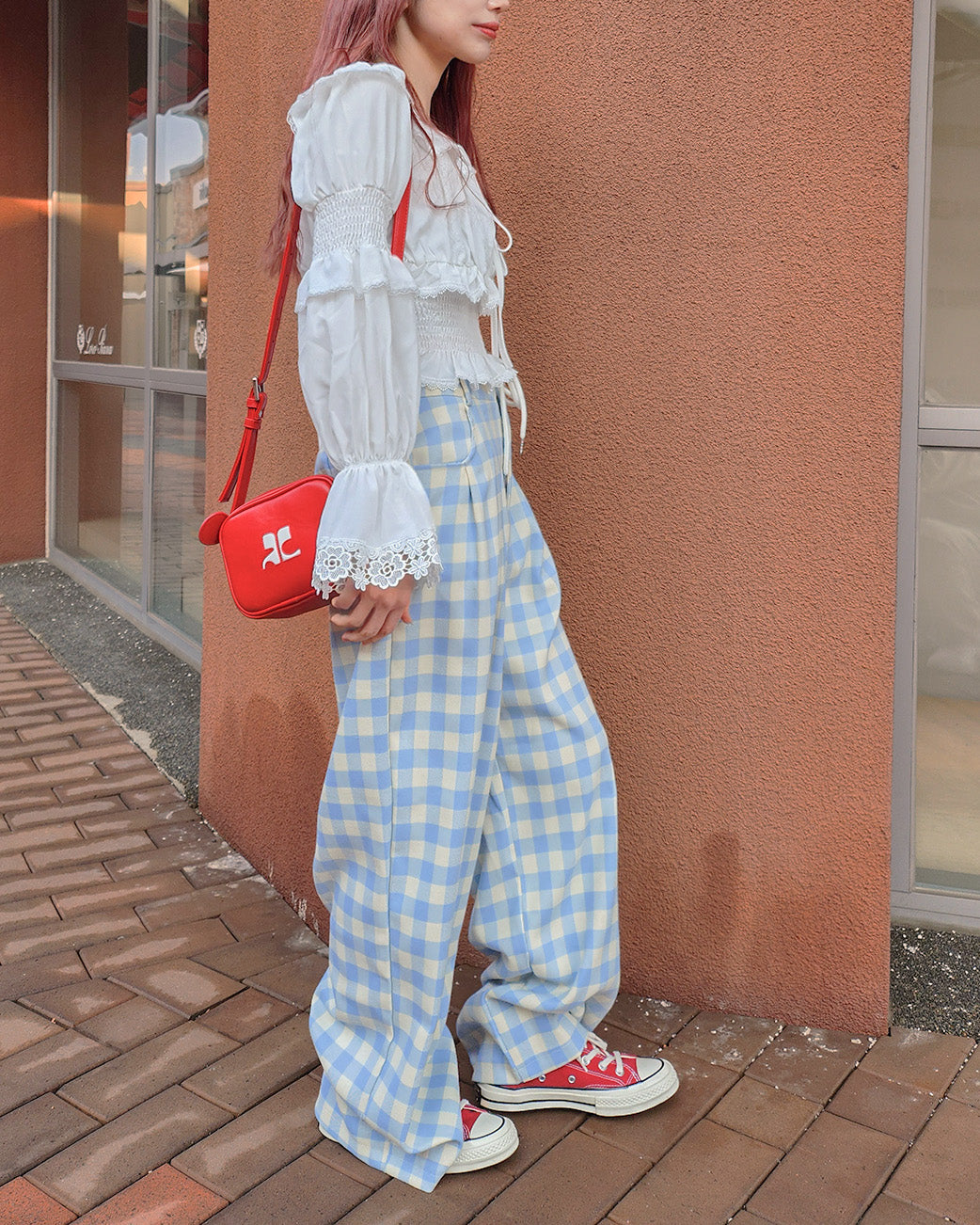 gingham check waist tuck wide pants