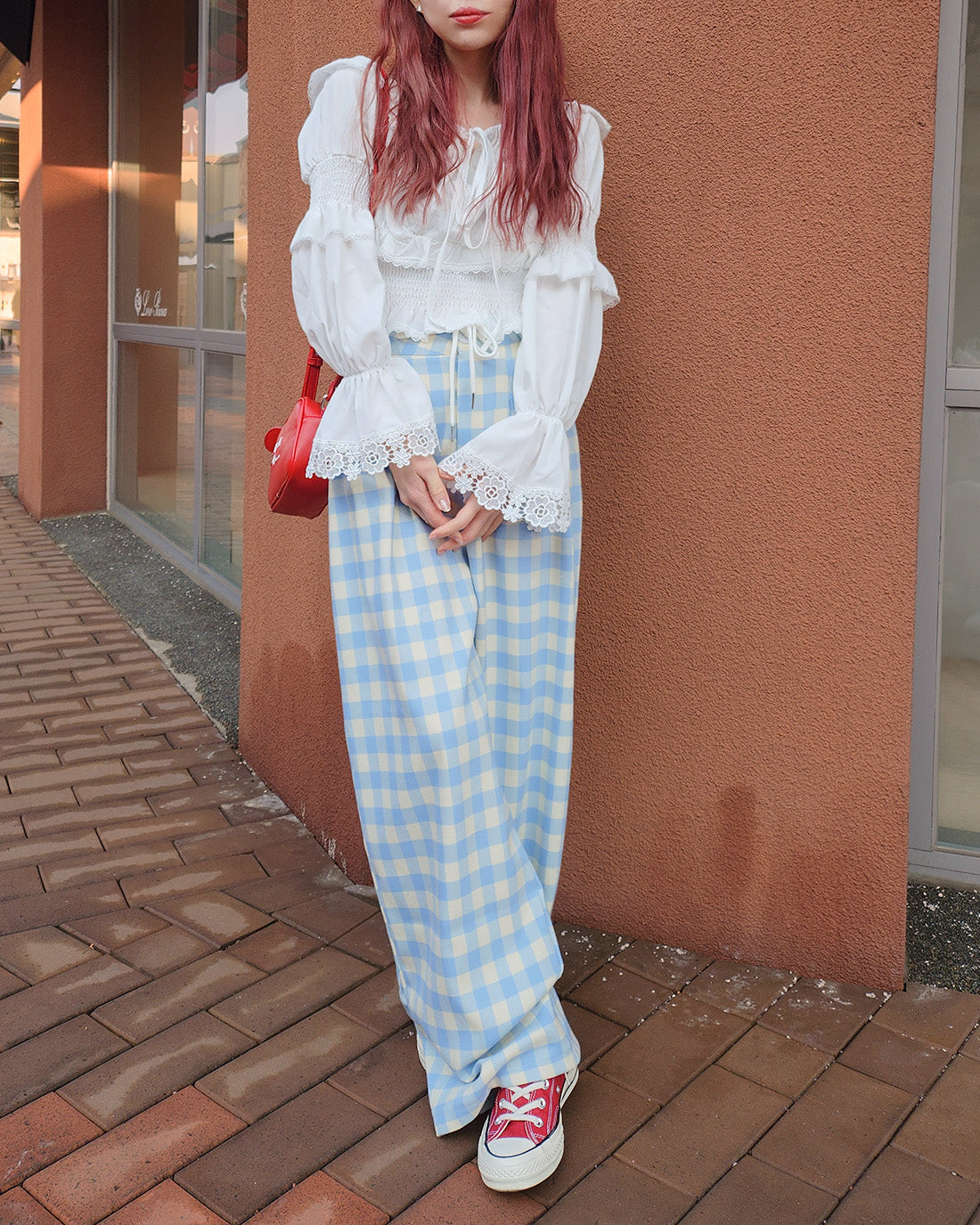gingham check waist tuck wide pants