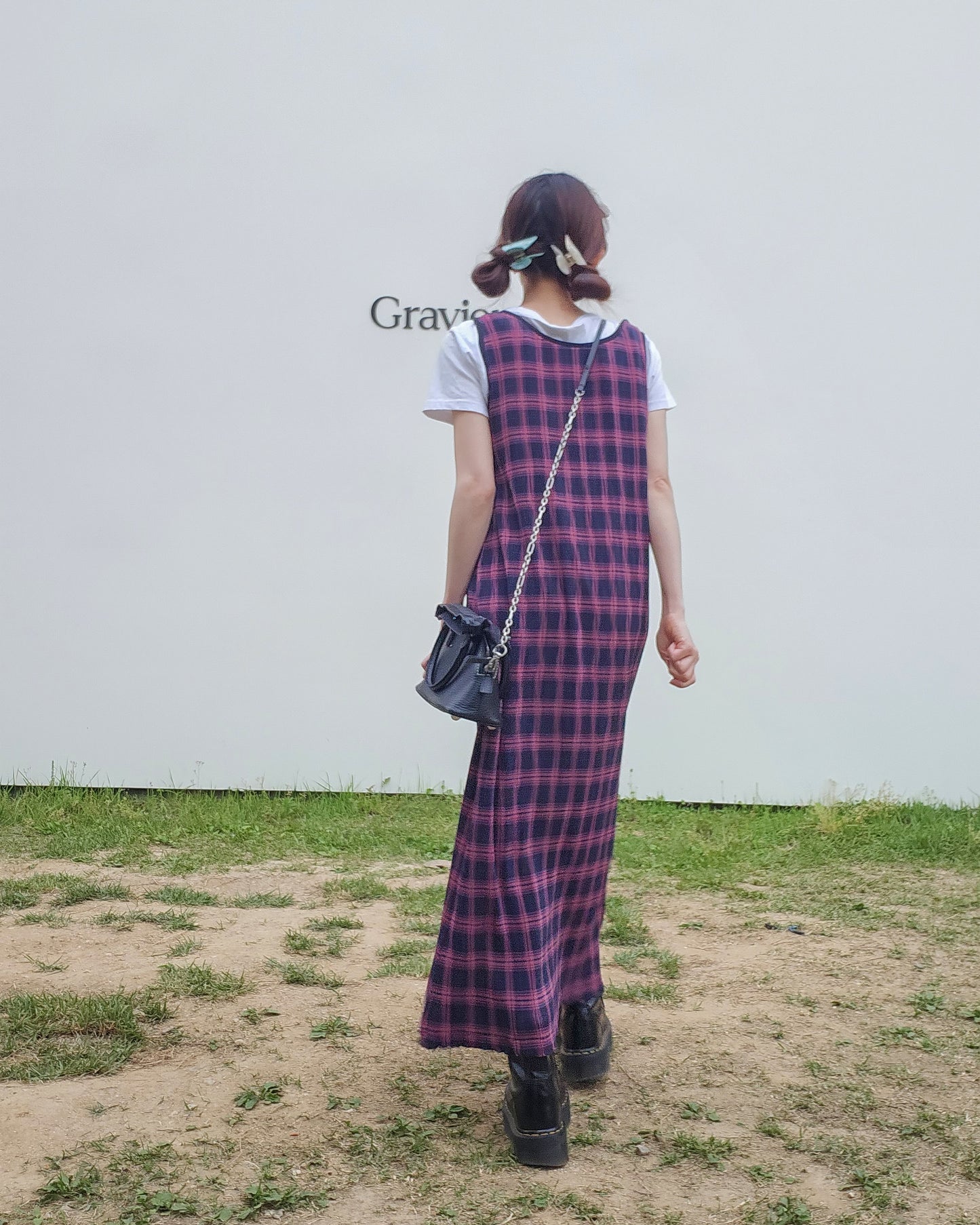 check sleeve less long dress