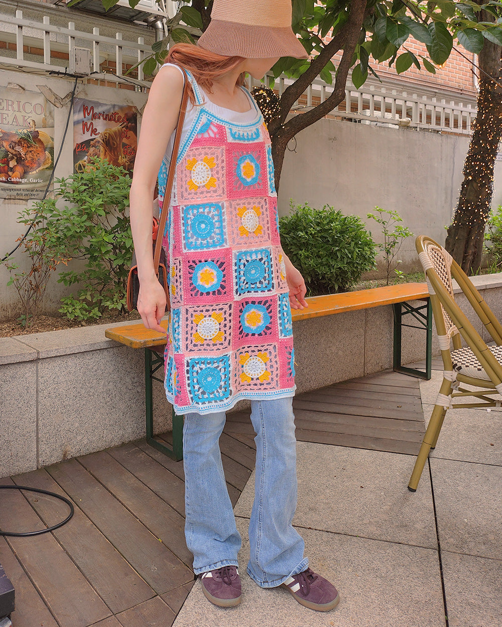 crochet knit flower mini dress
