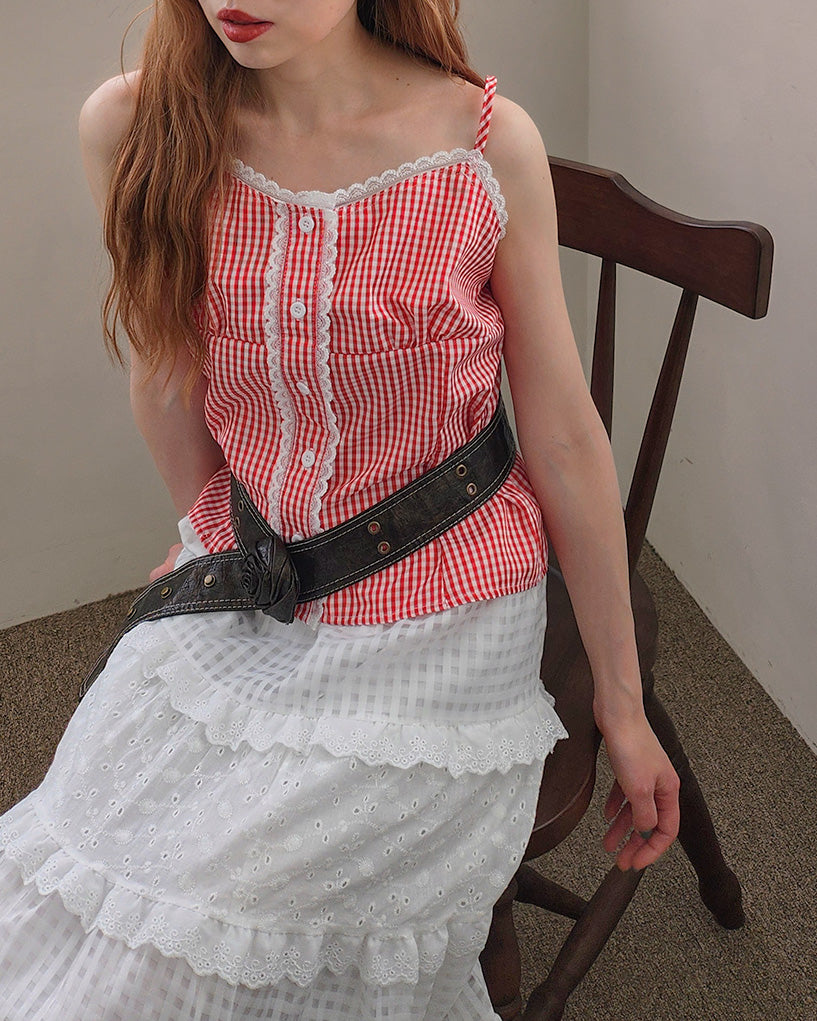 gingham check lace point camisole blouse