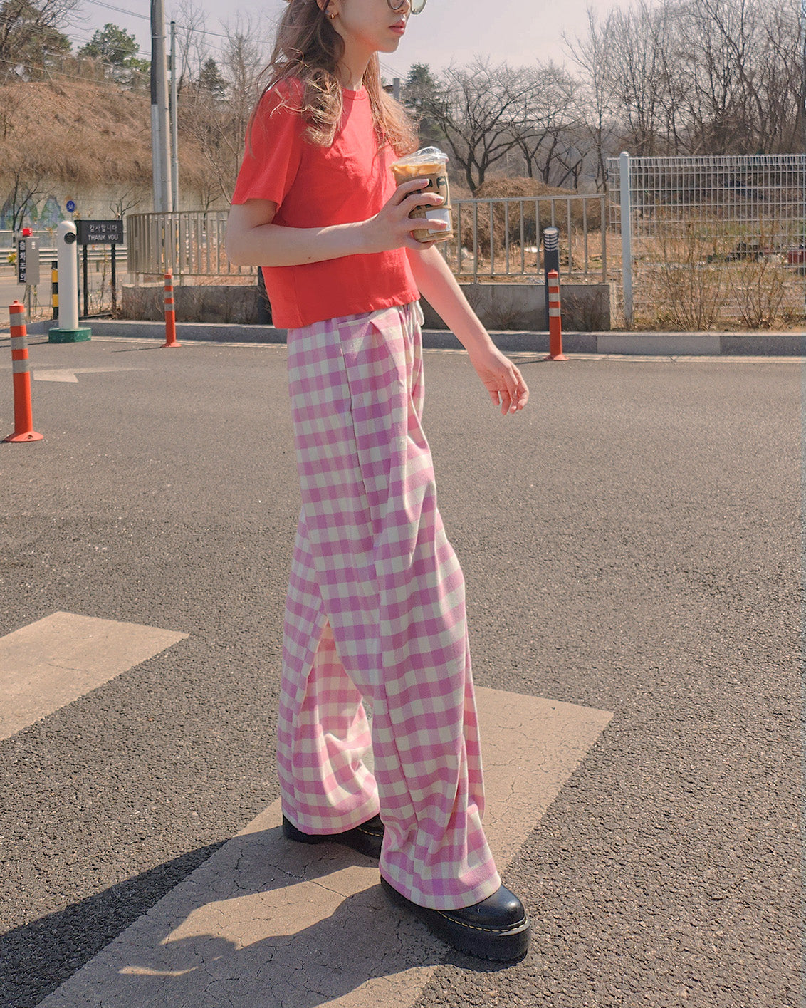 gingham check waist tuck wide pants