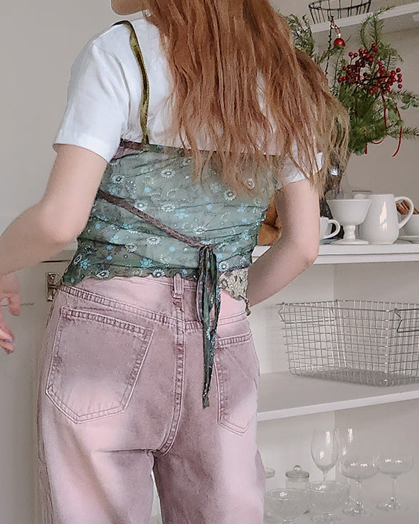 flower velvet switching sheer camisole