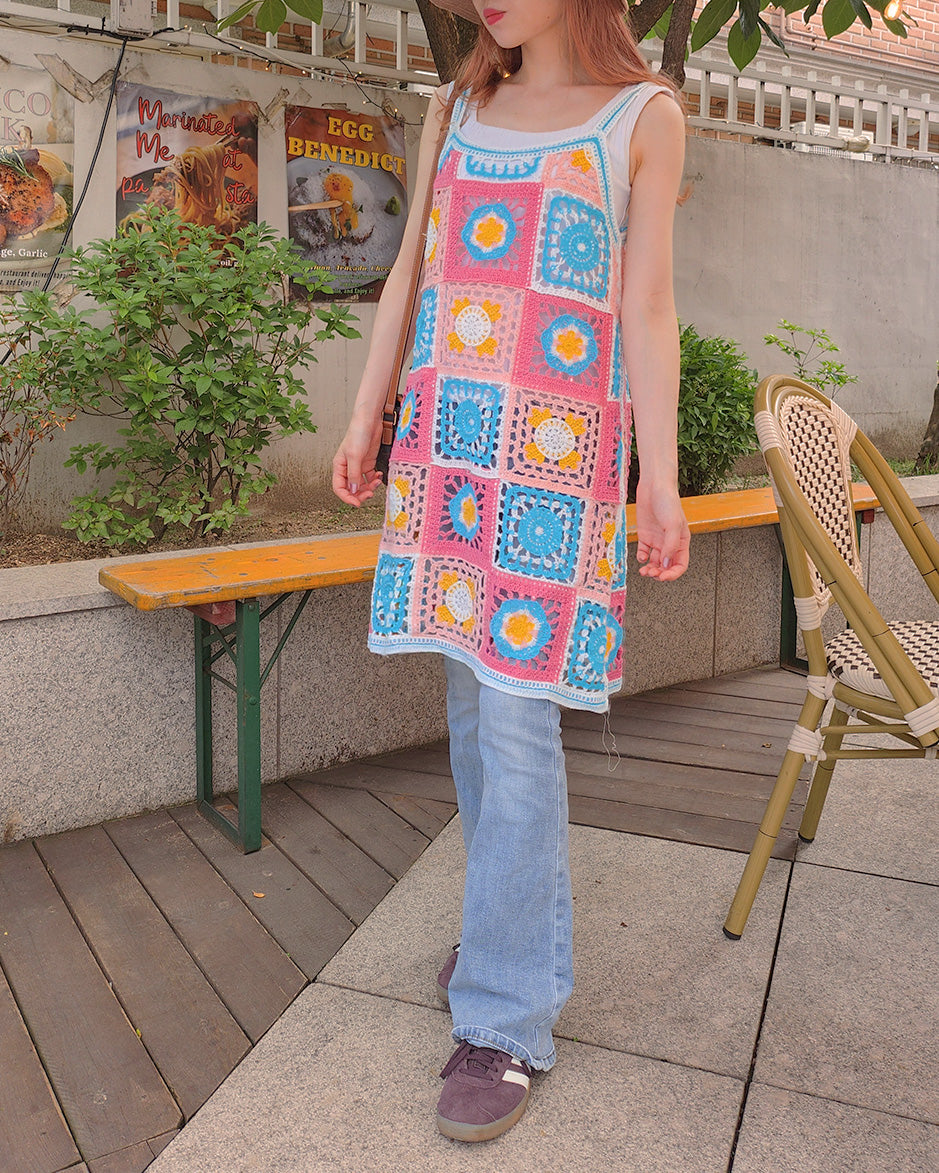 crochet knit flower mini dress