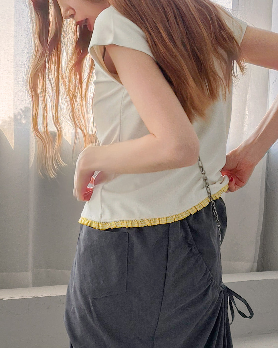 hem gingham check pile fabric T