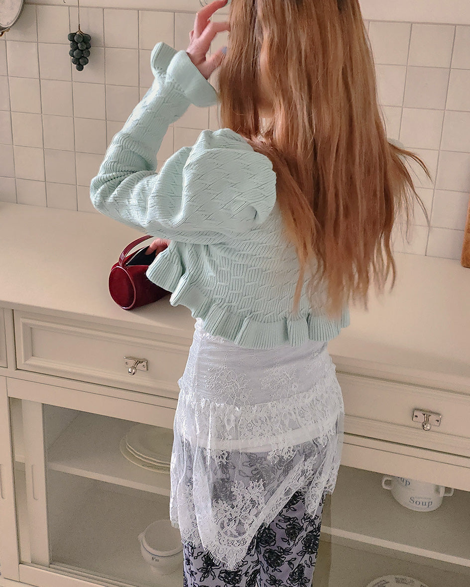 short puff sleeve frill knit cardigan