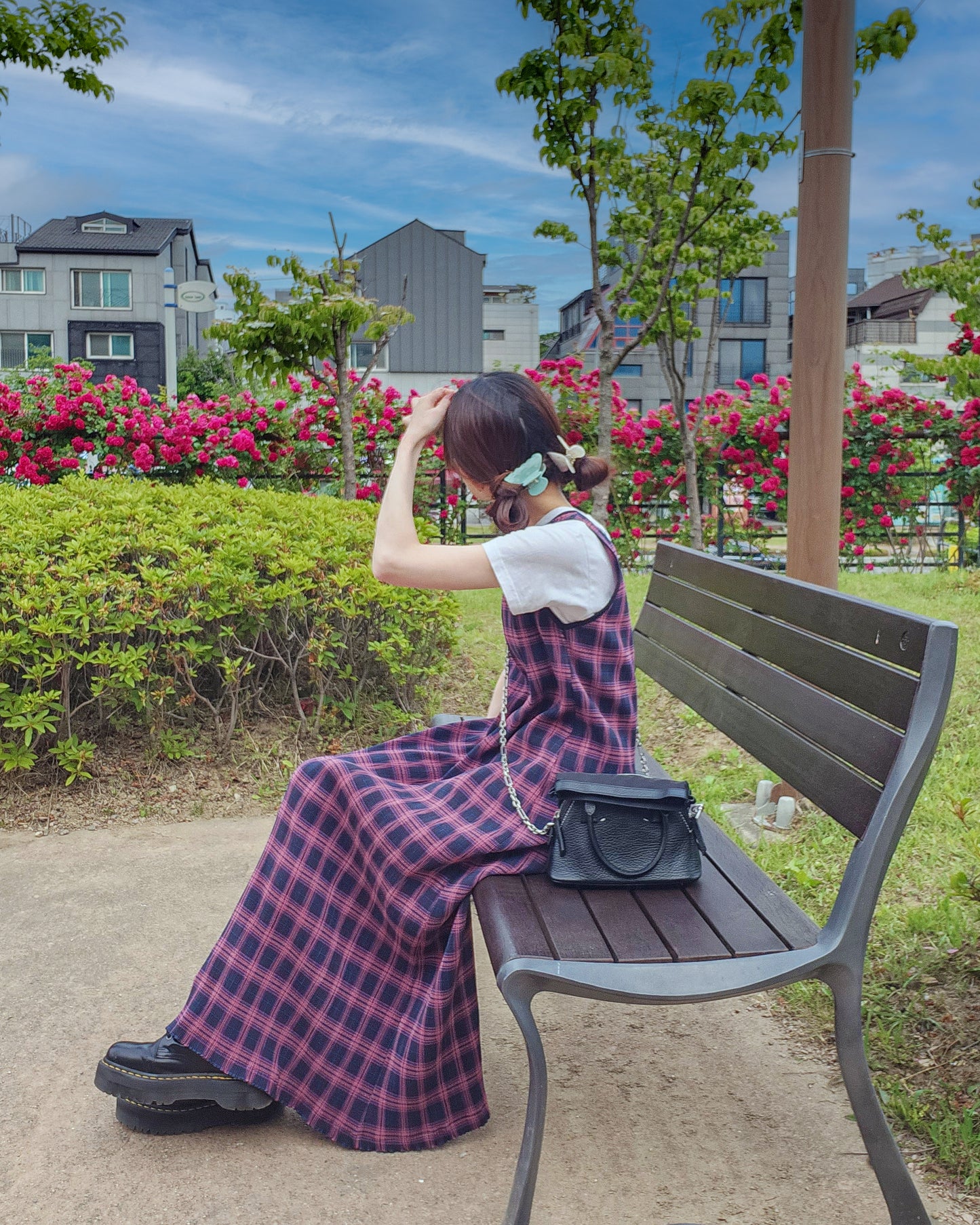 check sleeve less long dress