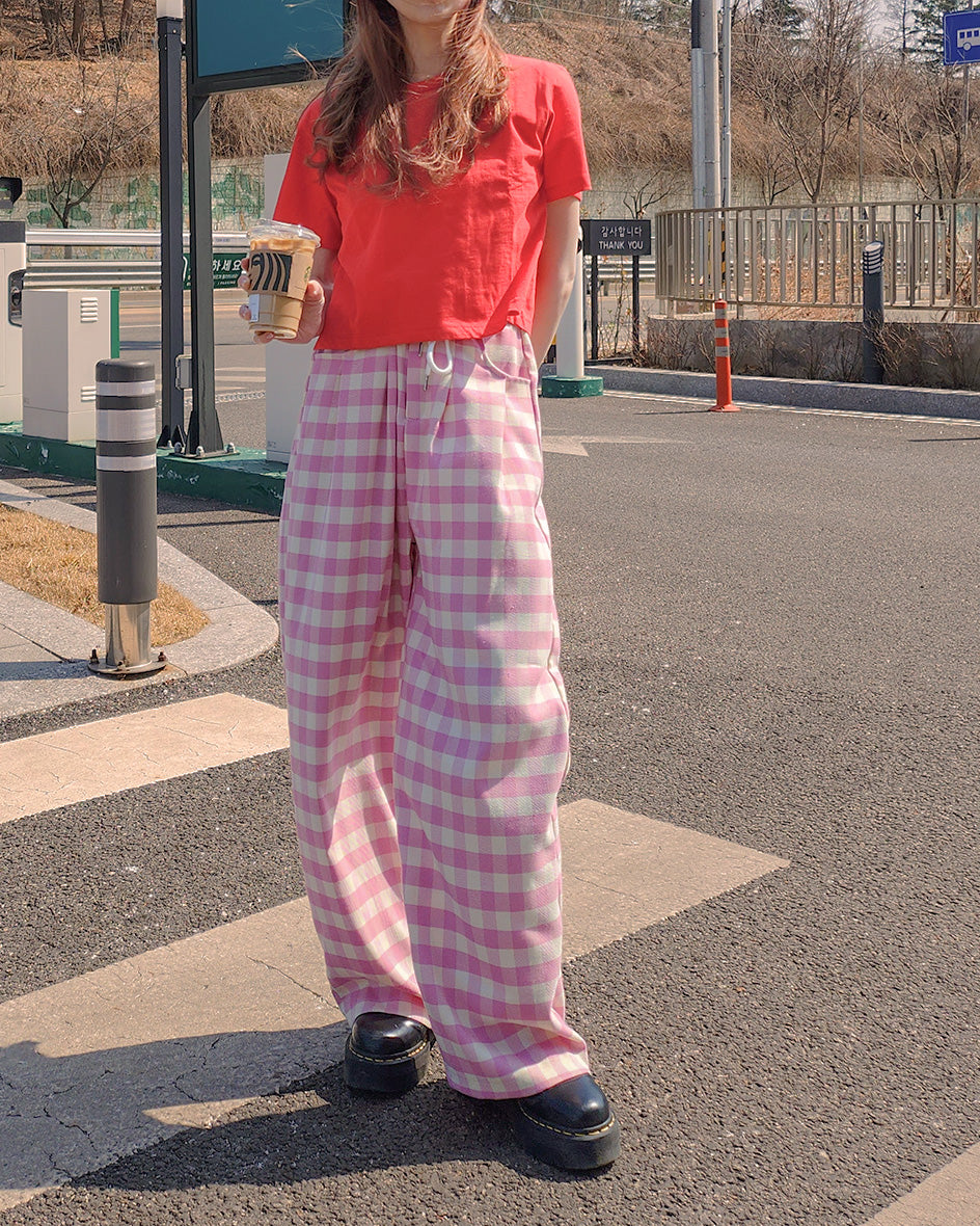 gingham check waist tuck wide pants