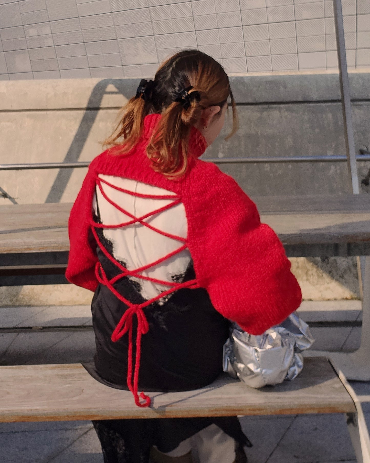 turtleneck eyelet short knit