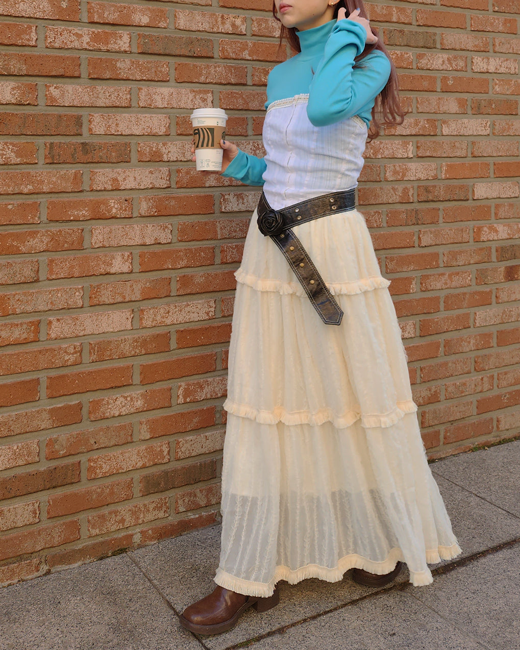 tiered frill fringe long skirt