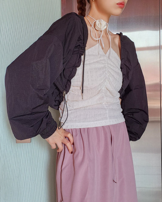 shirring bolero hood nylon blouson
