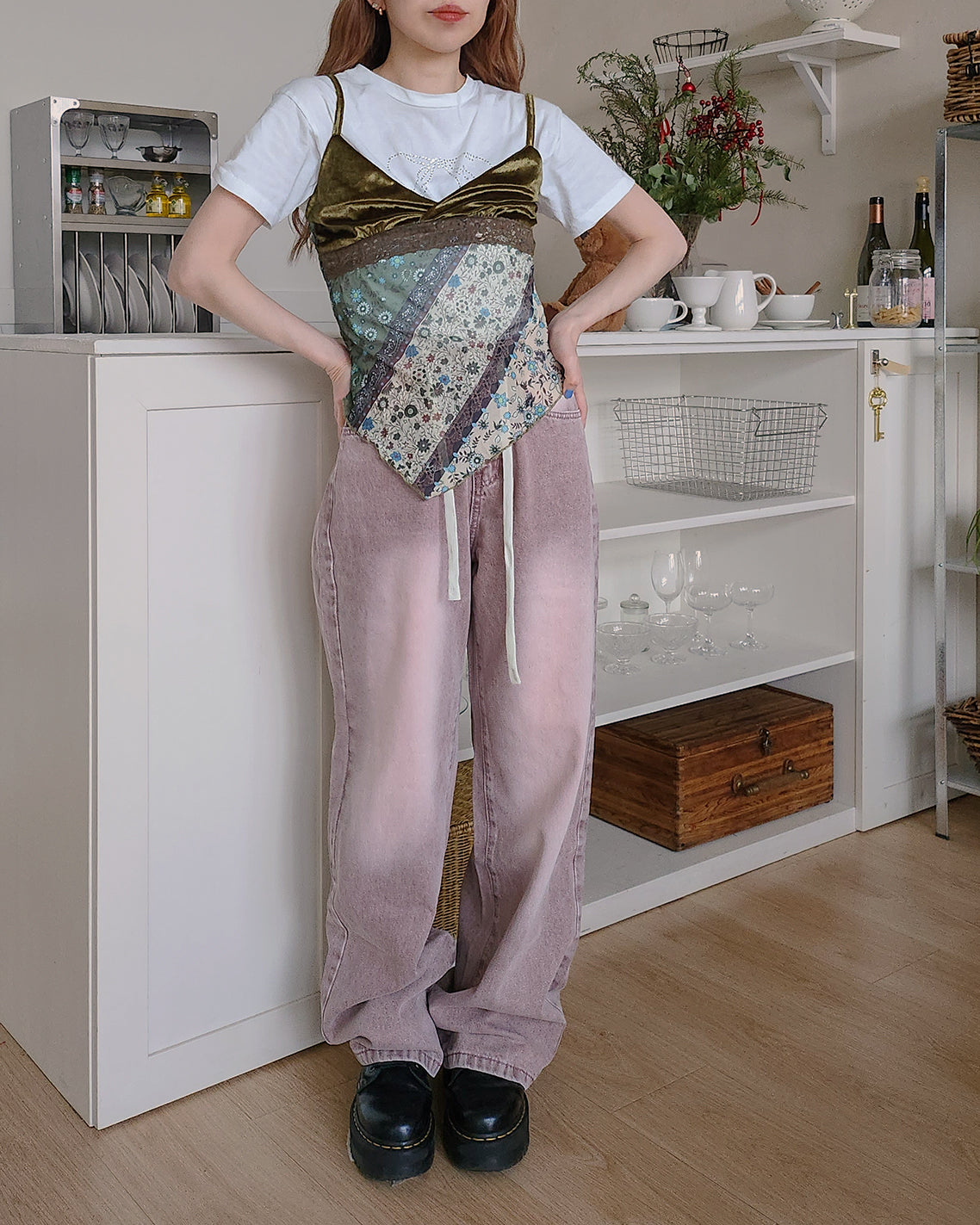 flower velvet switching sheer camisole