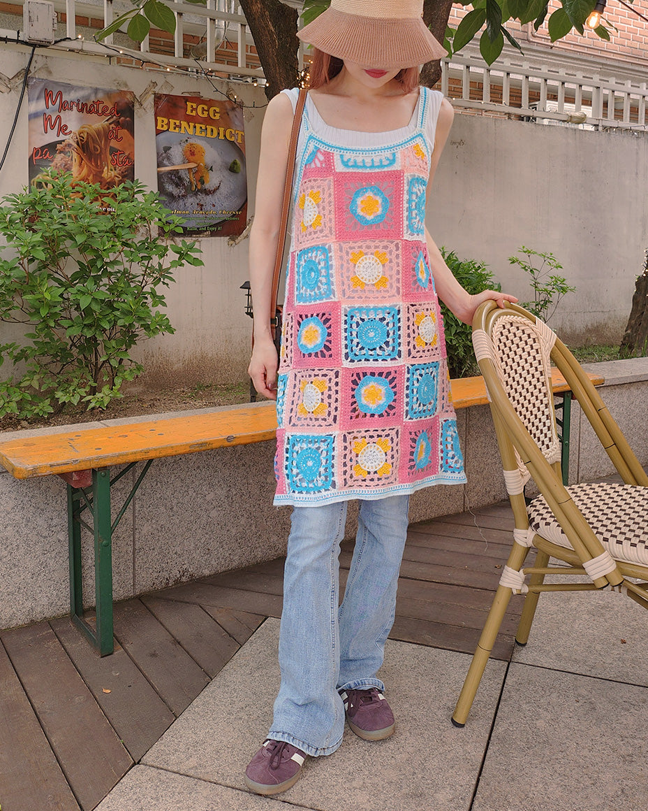 crochet knit flower mini dress