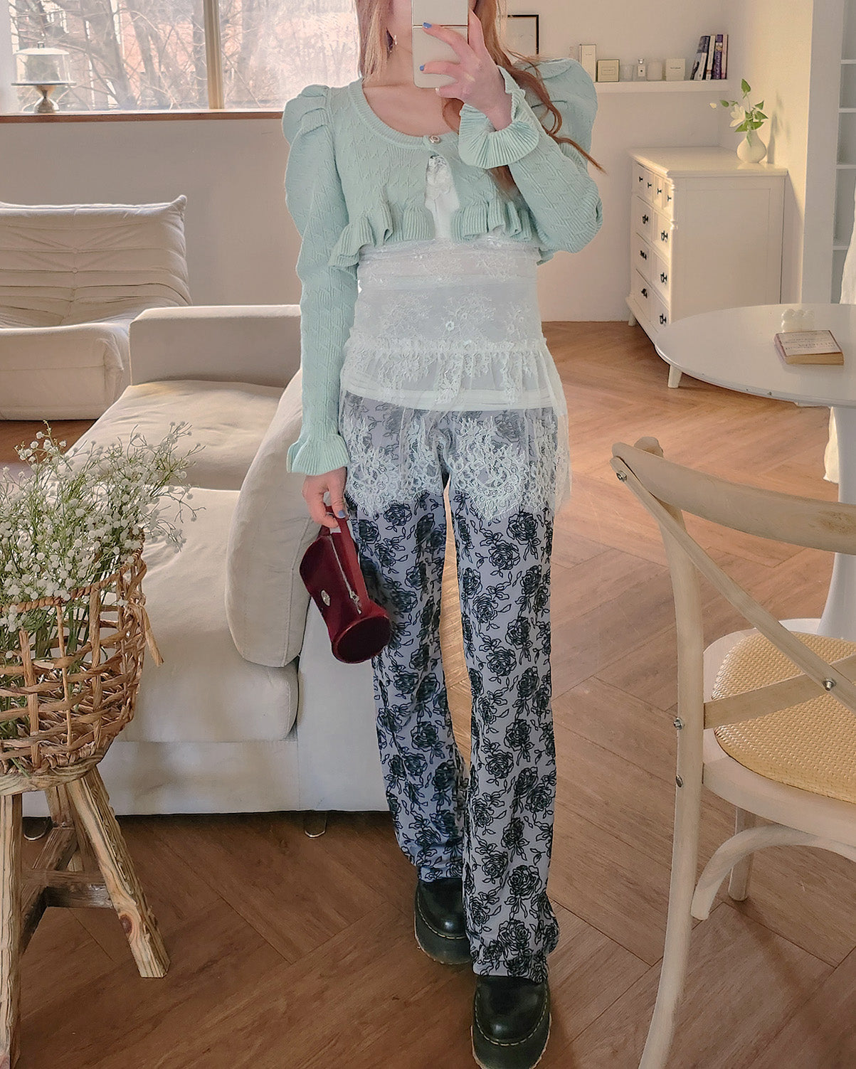 short puff sleeve frill knit cardigan