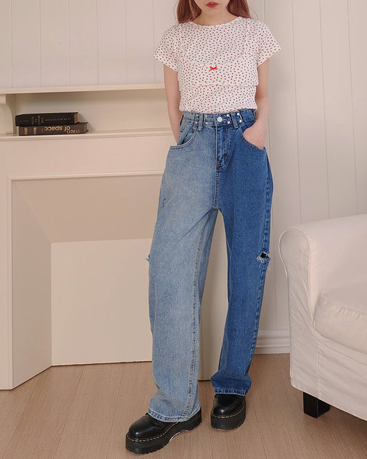 side ripped switching denim