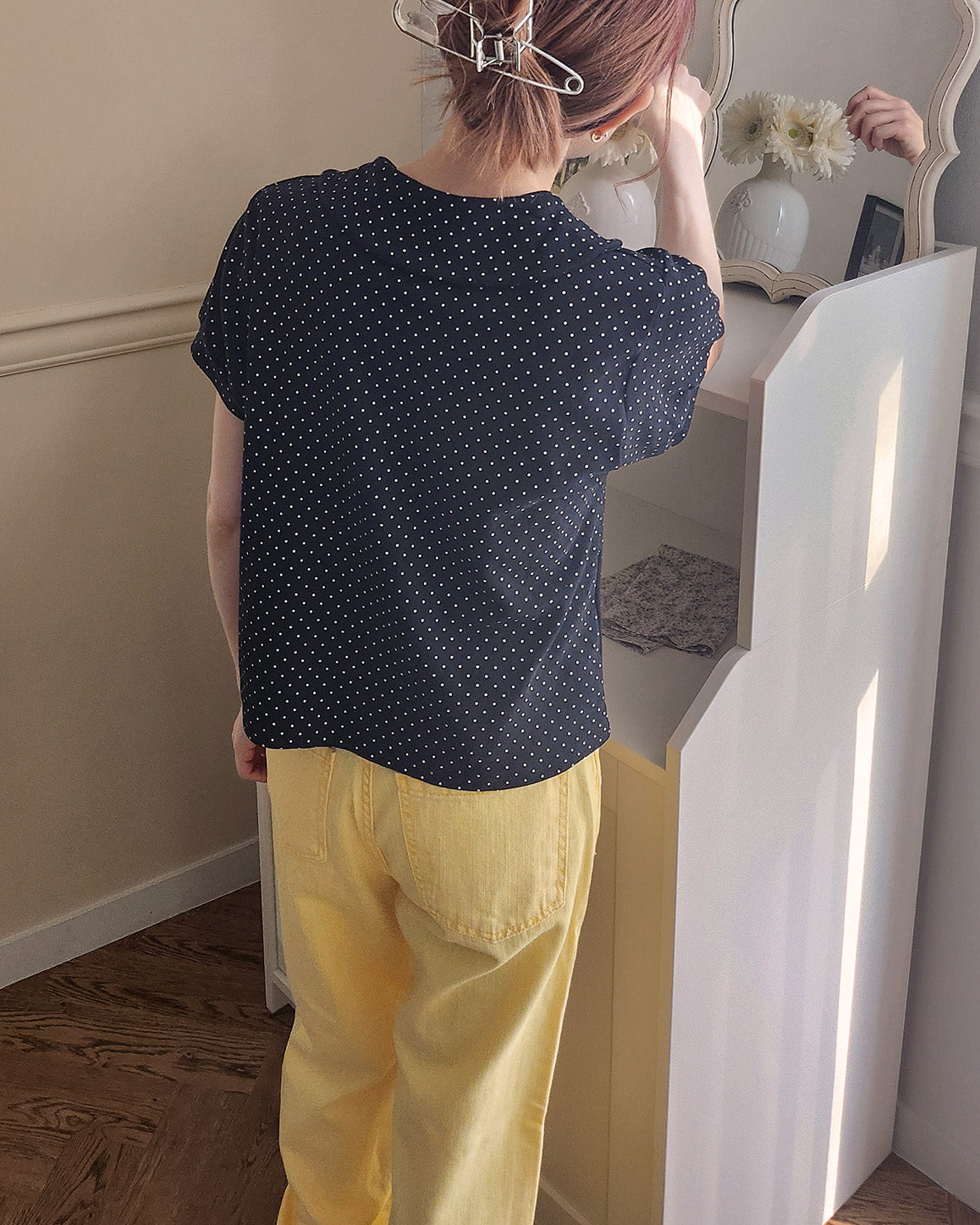 dot puff sleeve collar T