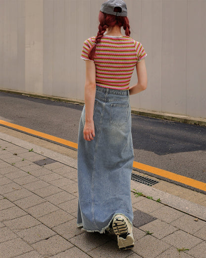 pocket fringe denim long skirt