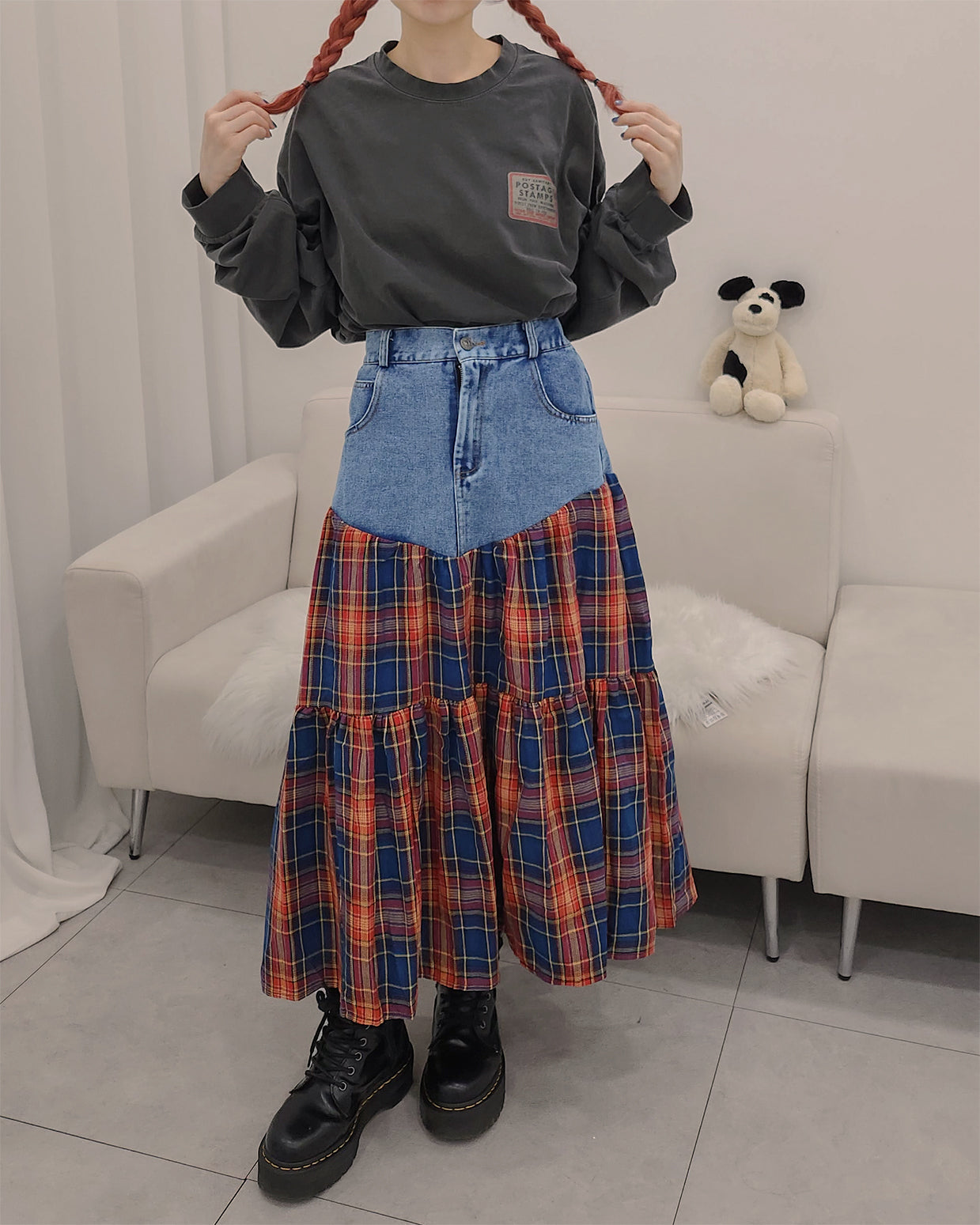 denim switching check skirt