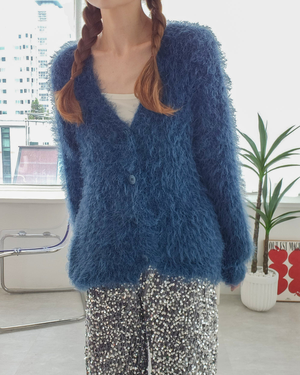 shaggy knit color cardigan