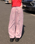gingham check waist tuck wide pants
