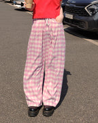 gingham check waist tuck wide pants