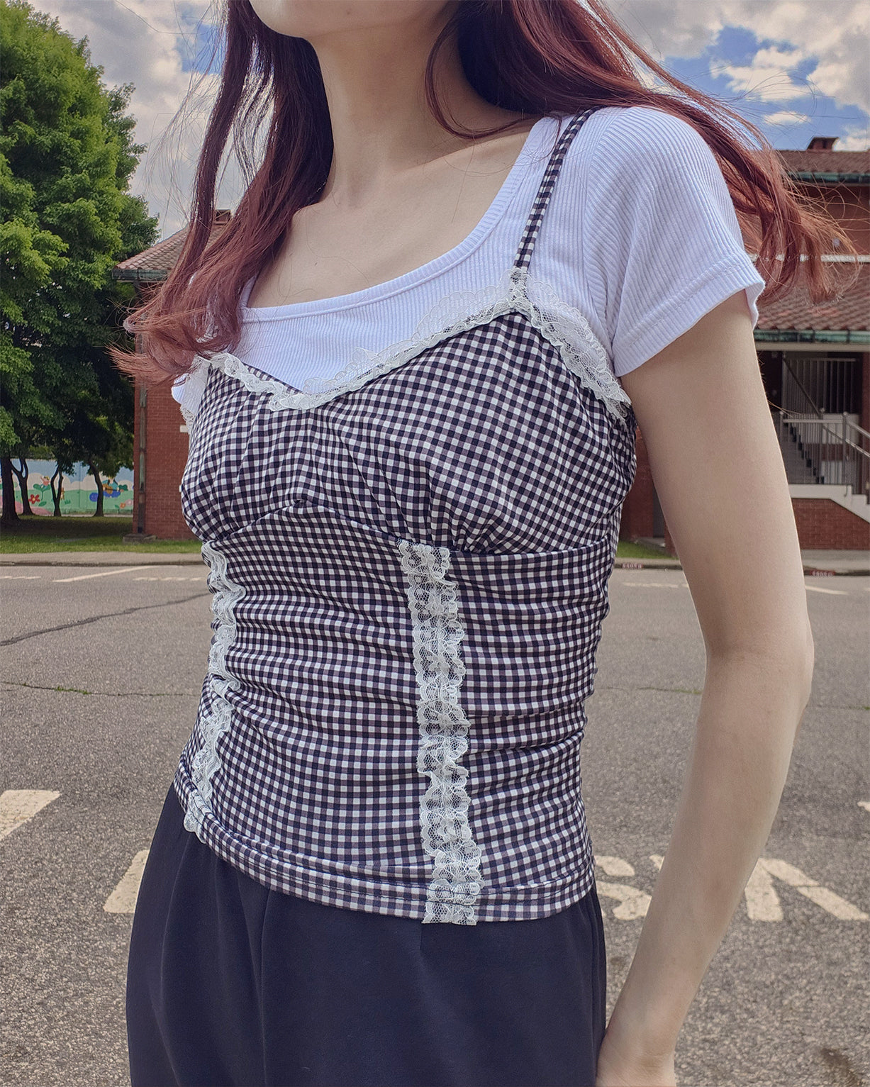 gingham check lace point camisole