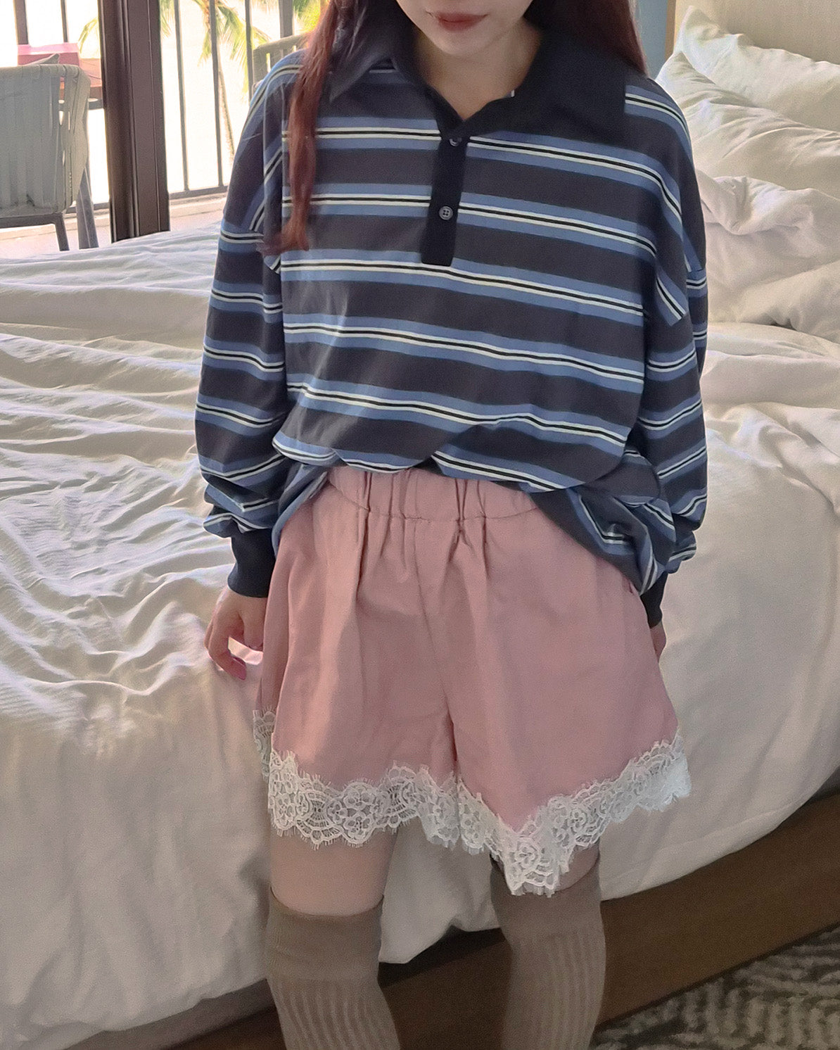 fake leather lace point short pants
