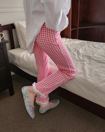 gingham check lace point leggings